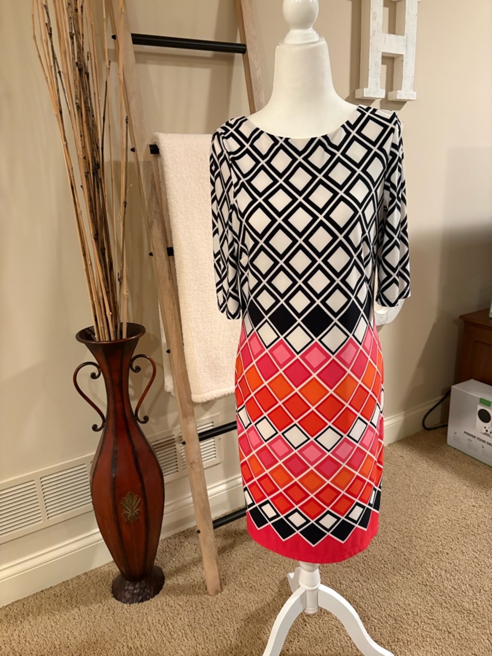 Eliza J Black, White, Pink & Orange Geometric Midi Sheath Dress